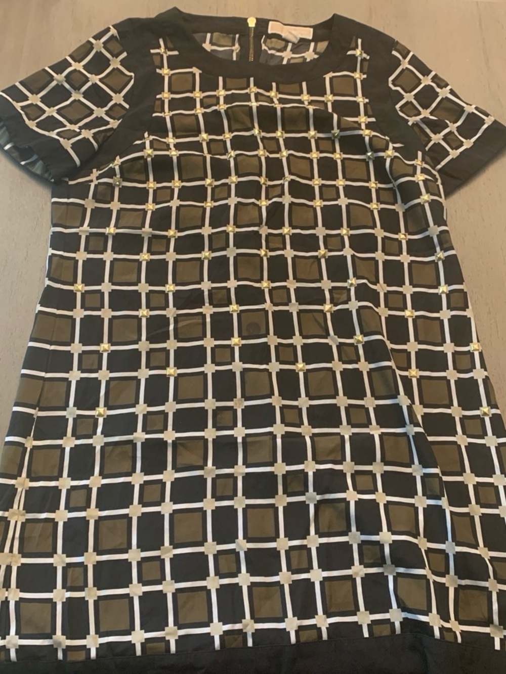 Michael Kors Black Short Sleeve Grid Top with Gold Studs